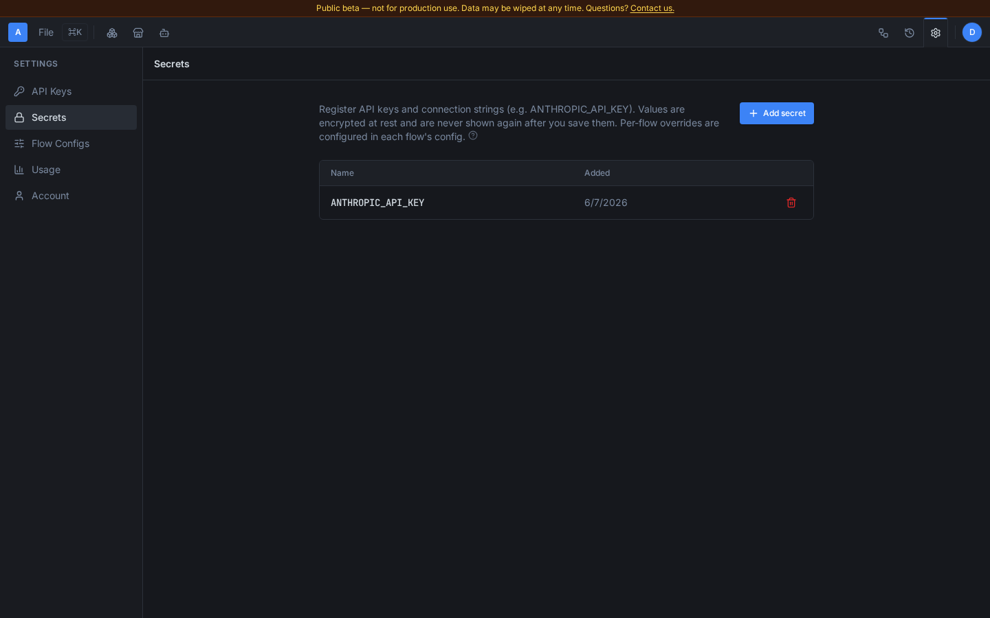 The Secrets page in the console with one saved secret named ANTHROPIC_API_KEY in the list, showing only its name and the date it was added, with a delete button on the row